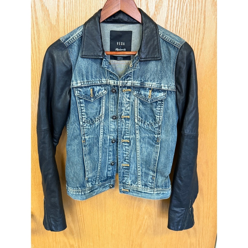 Veda Madewell Denim Trucker Moto Jacket Women Black Leather Sleeves XS